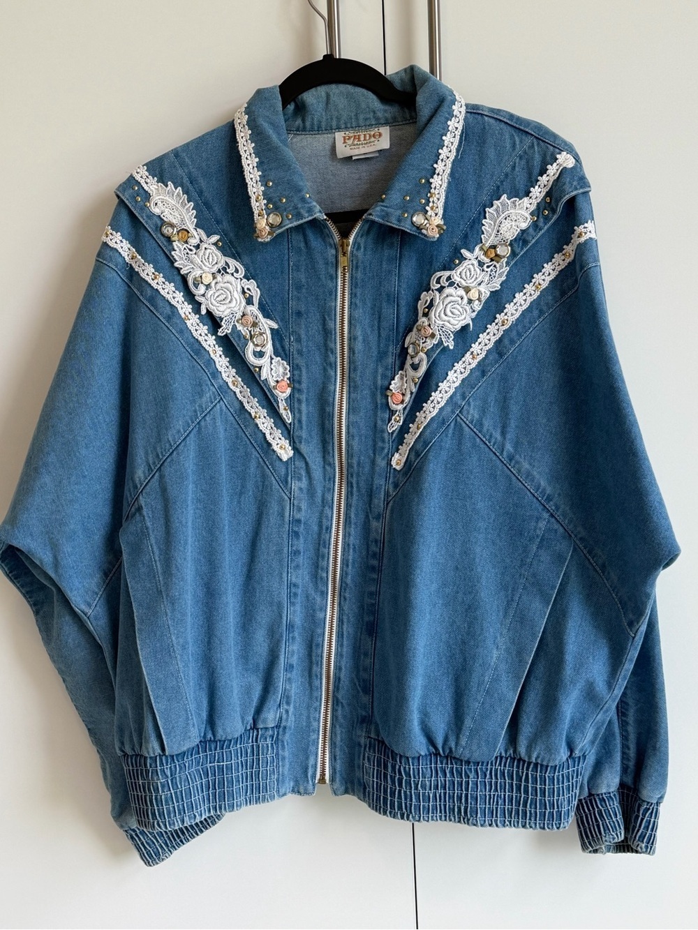 Vintage PADO Embellished Denim Jacket USA Made Large Boho Western Lace Studded - Picture 2 of 9